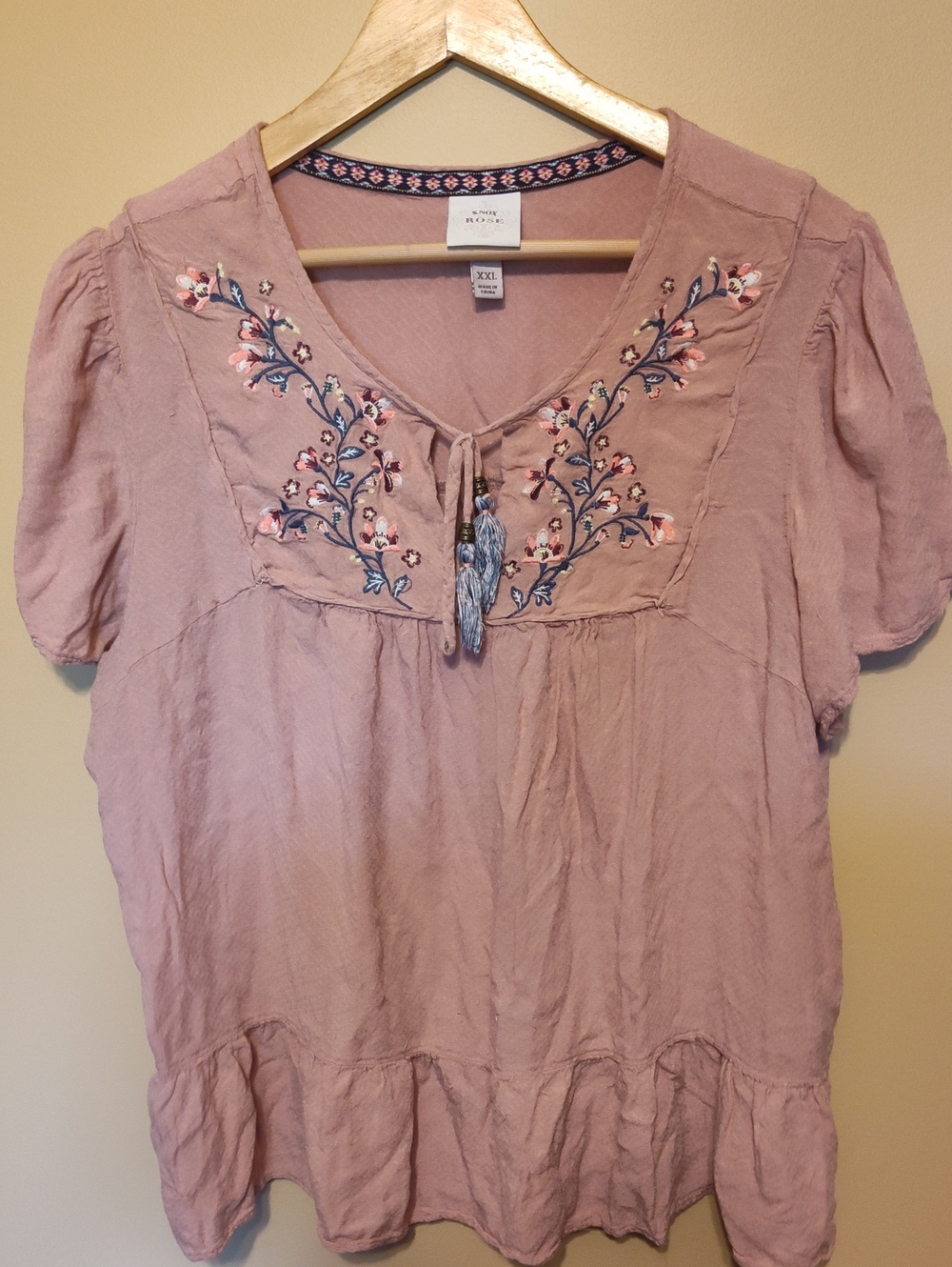 Knox Rose Mauve Embroidered Tassel Peasant Tunic